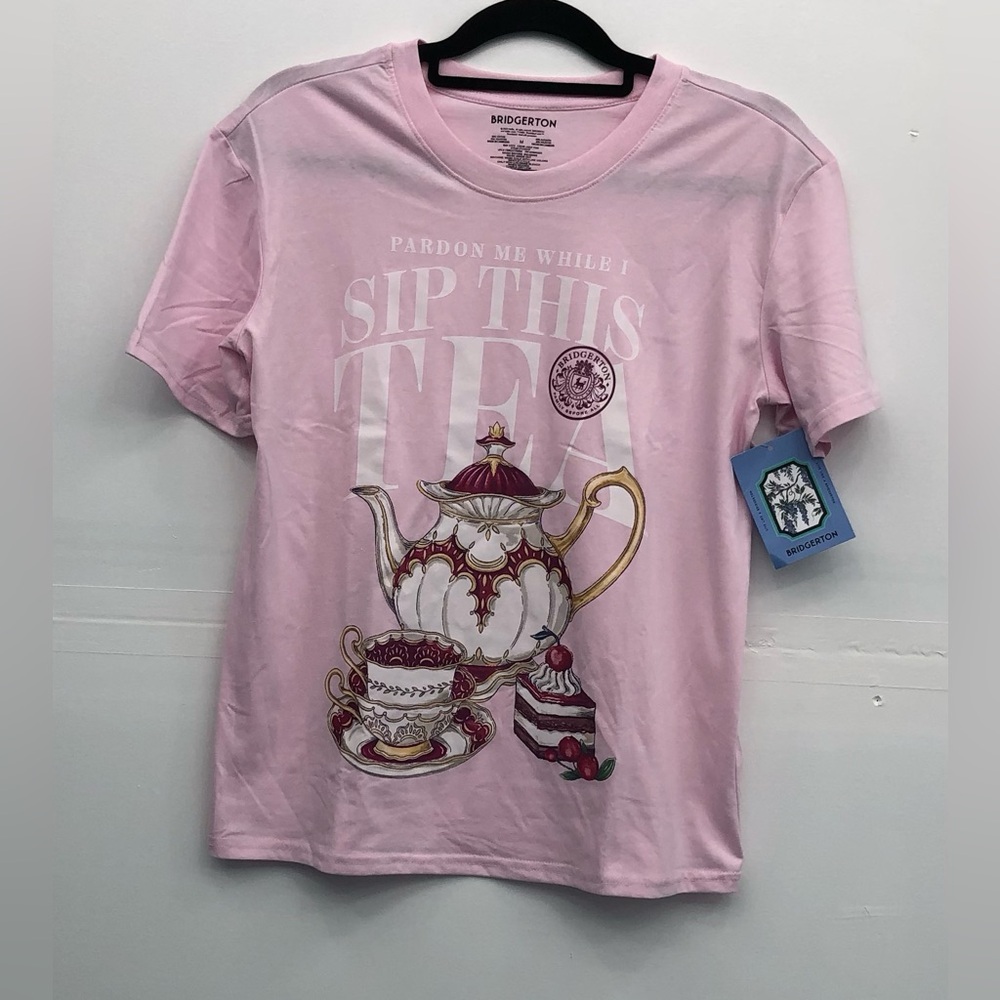 Bridgerton 'Pardon Me While I Sip This Tea' Pink Graphic Tee.M